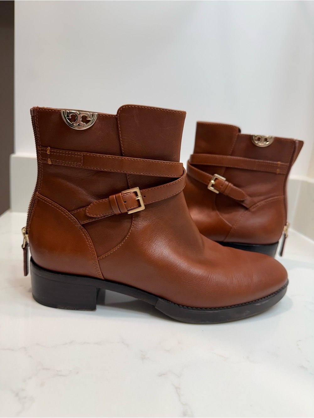 Tory Burch Cognac Leather Ankle Boots with Buckle Strap.  Retail 395$